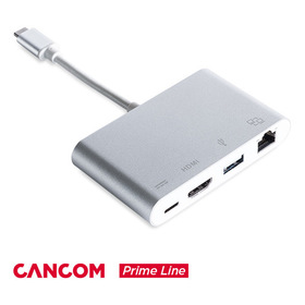 CANCOM Prime Line Multiport USB-C Adapter auf HDMI, Gigabit Ethernet, USB-C und USB-A, unterstützt 4kx2k@30Hz